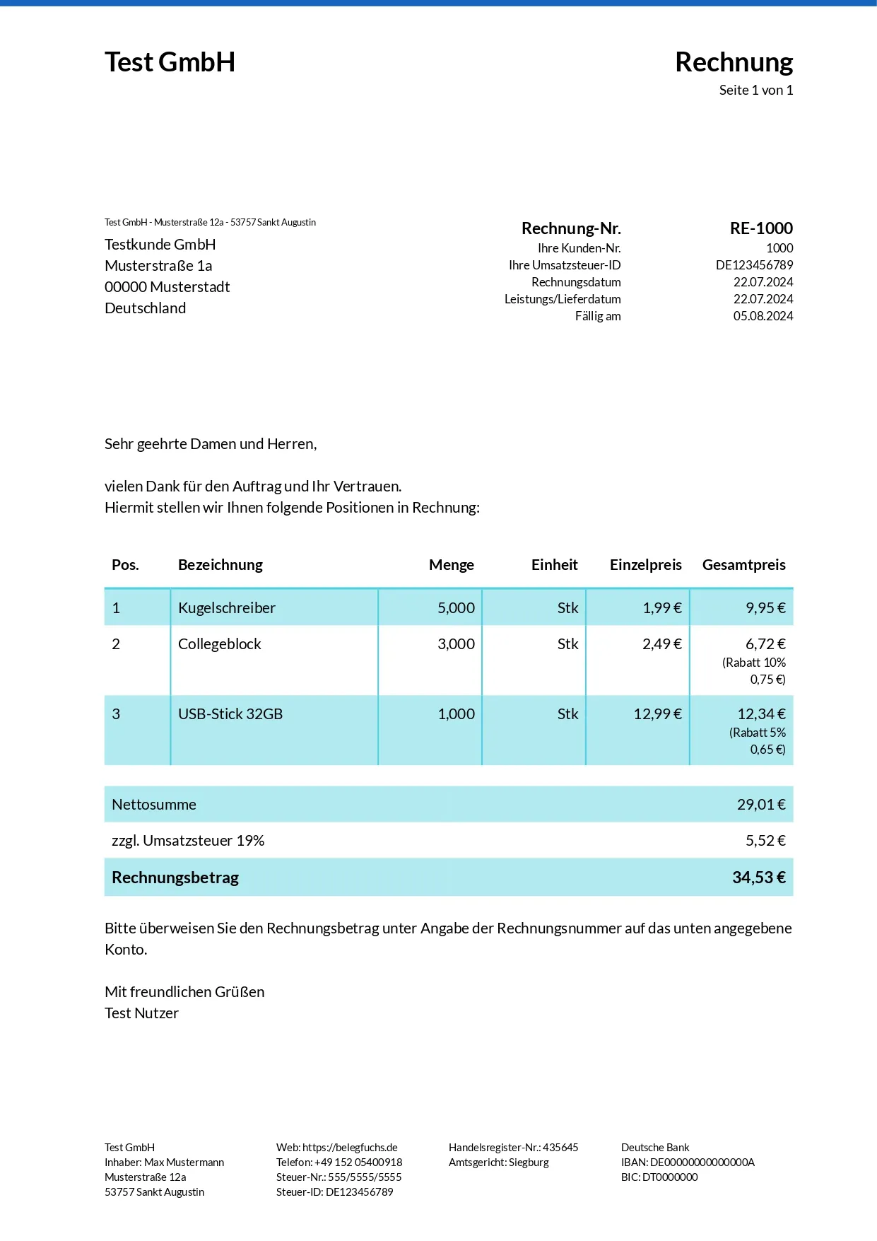 Rechnungsdesign Onlineshop Blau