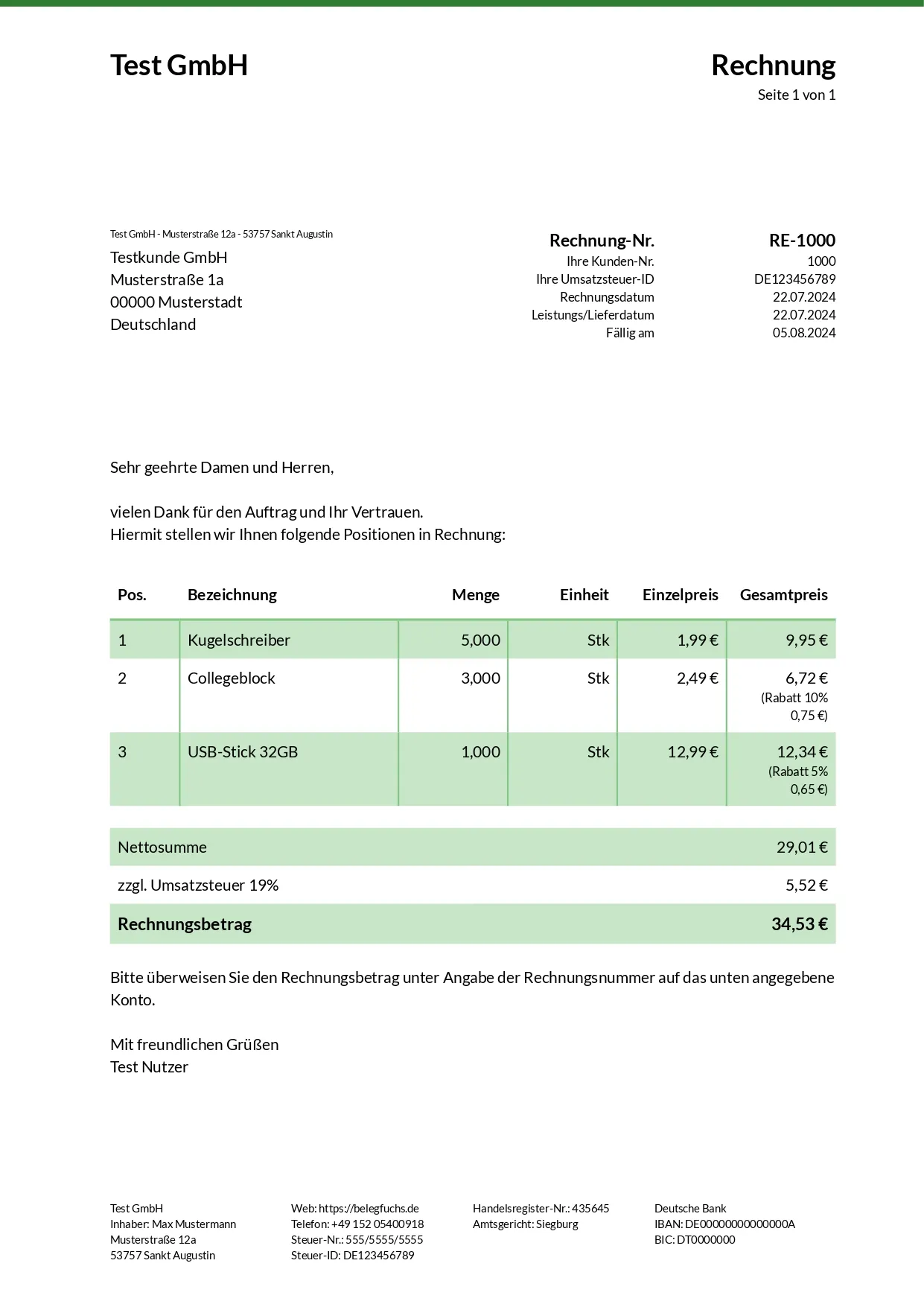 Rechnungsdesign Onlineshop Grün