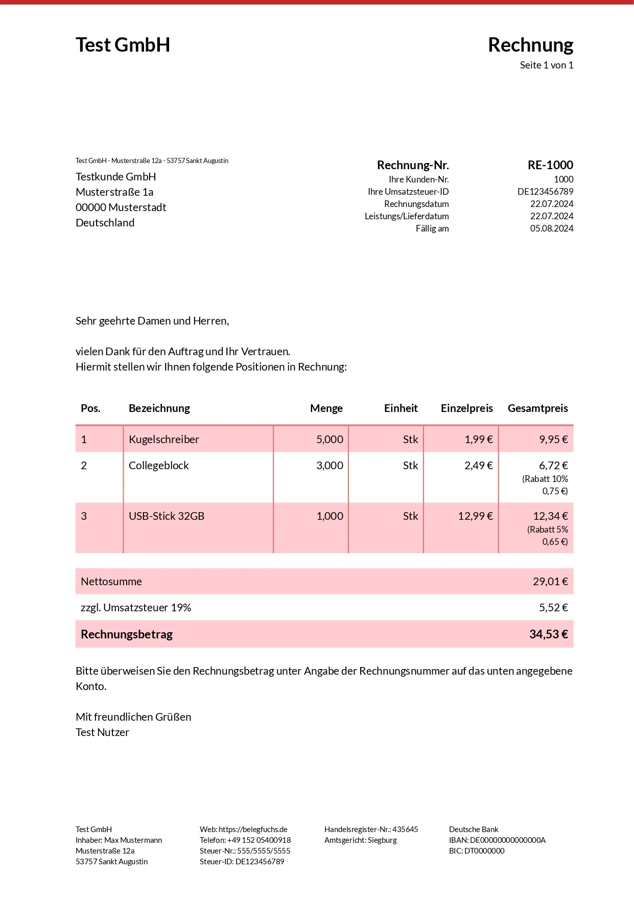 Rechnungsdesign Onlineshop Rot